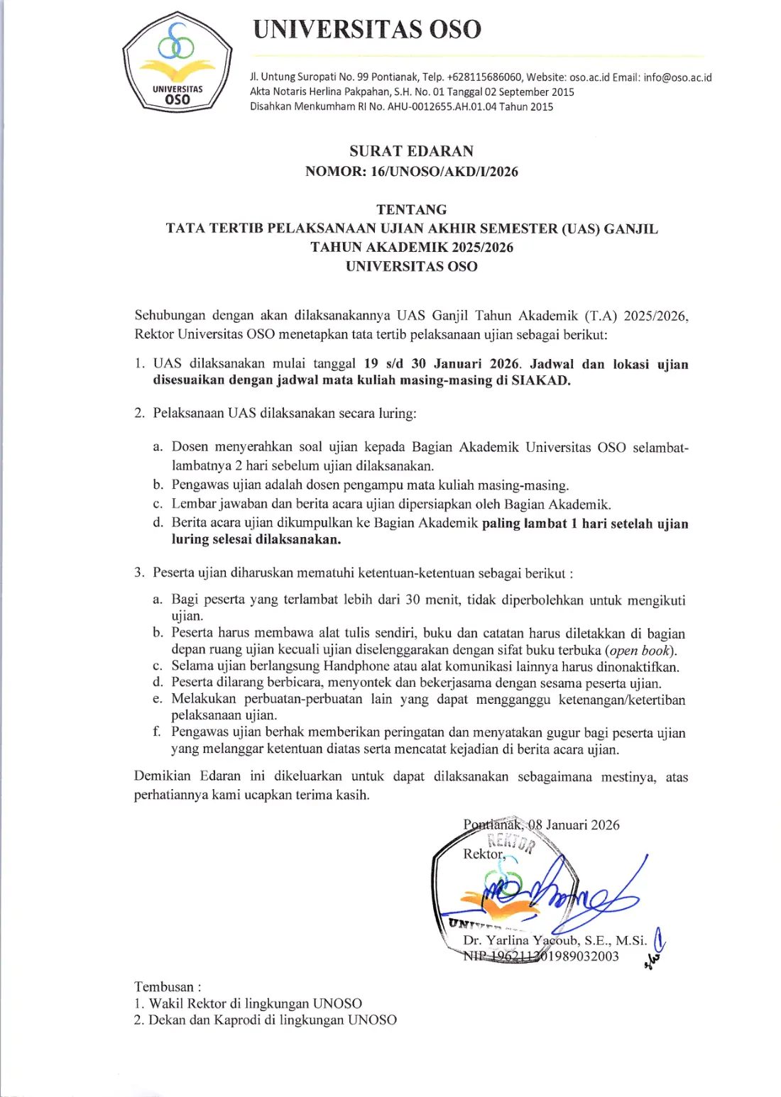 16 (UNOSO), SURAT EDARAN TATA TERTIB PELAKSANAAN UAS GANJIL TA 2025-2026