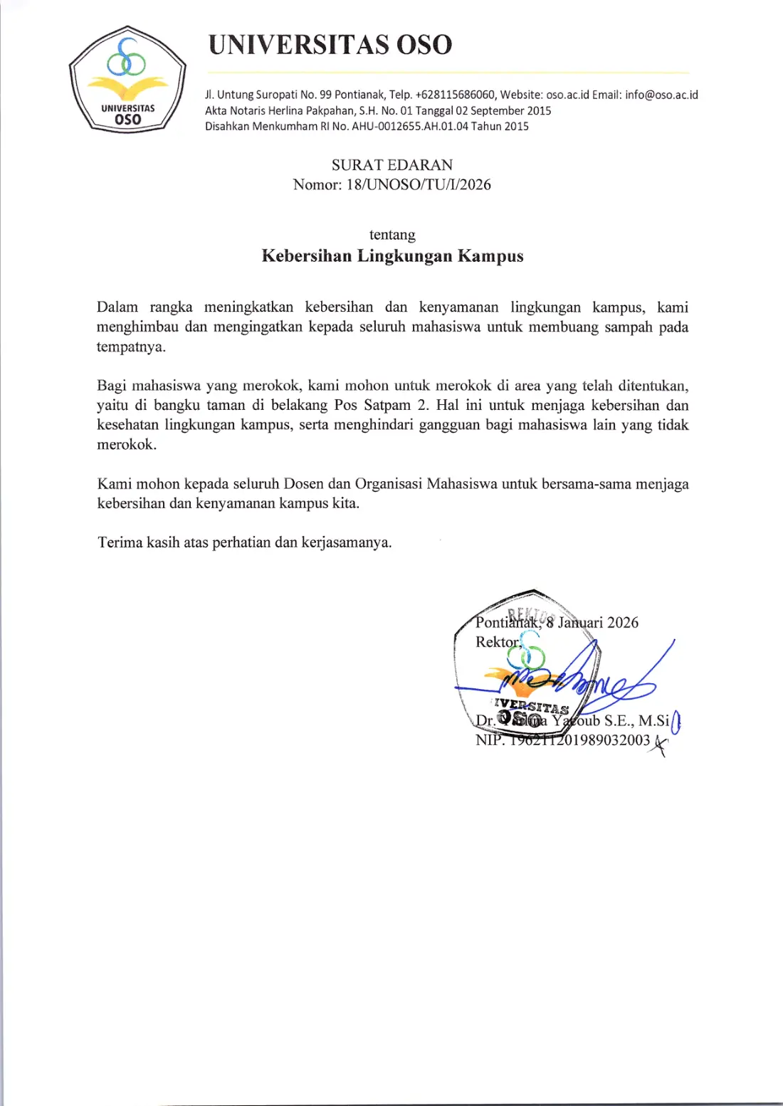 18 (UNOSO), SURAT EDARAN KEBERSIHAN LINGKUNGAN KAMPUS