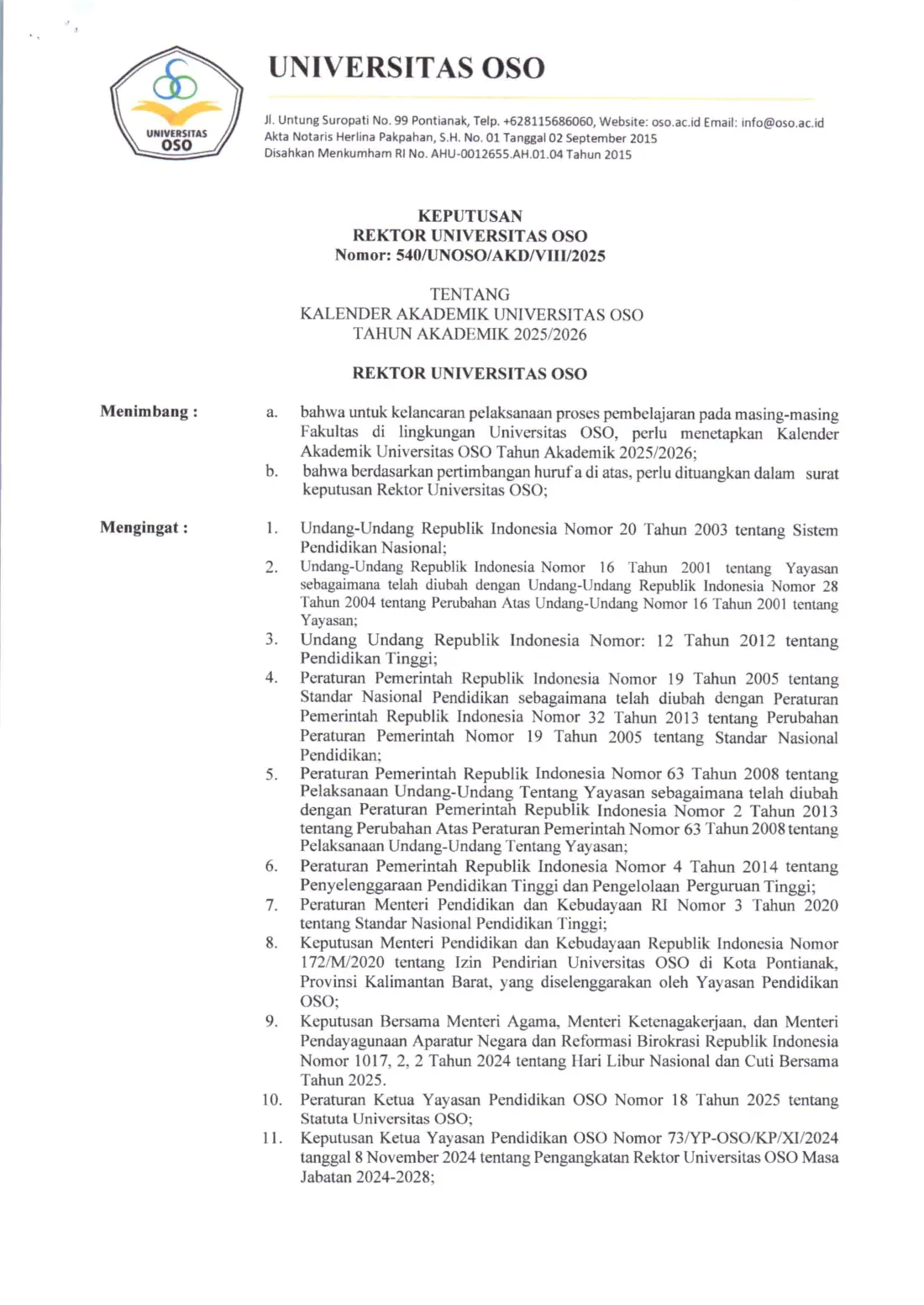 540 (UNOSO), SK REKTOR KALENDER AKADEMIK UNOSO TA 2025-2026, halaman 1 dari 3
