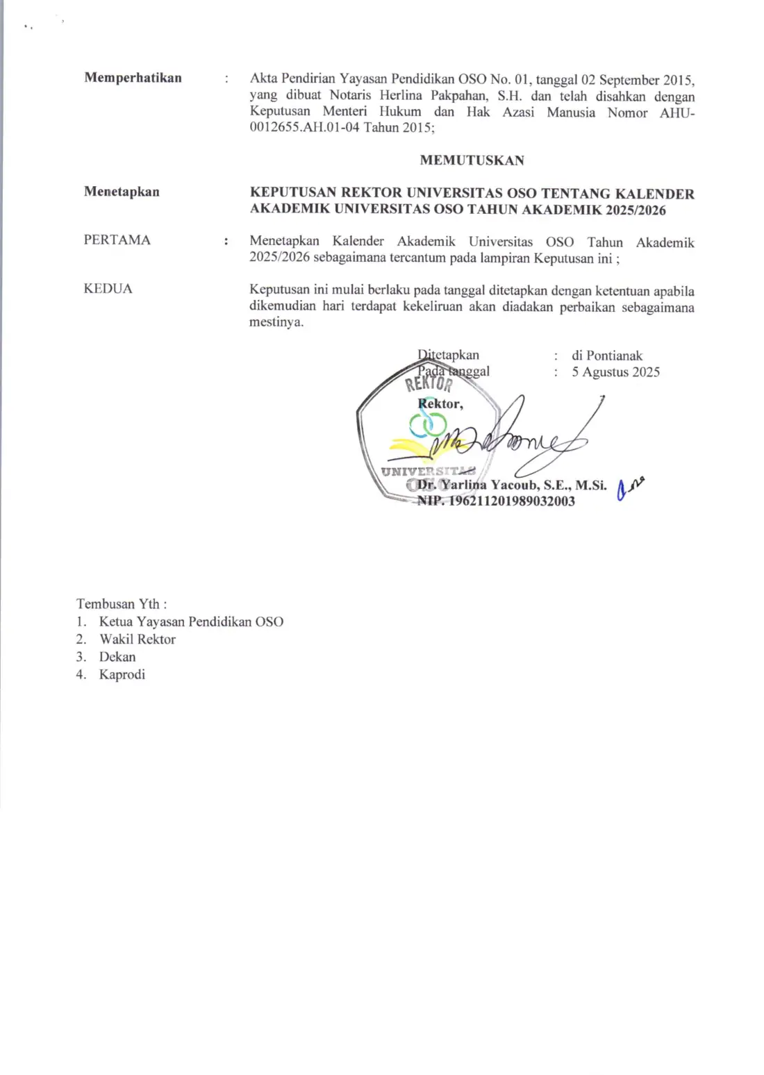 540 (UNOSO), SK REKTOR KALENDER AKADEMIK UNOSO TA 2025-2026, halaman 2 dari 3