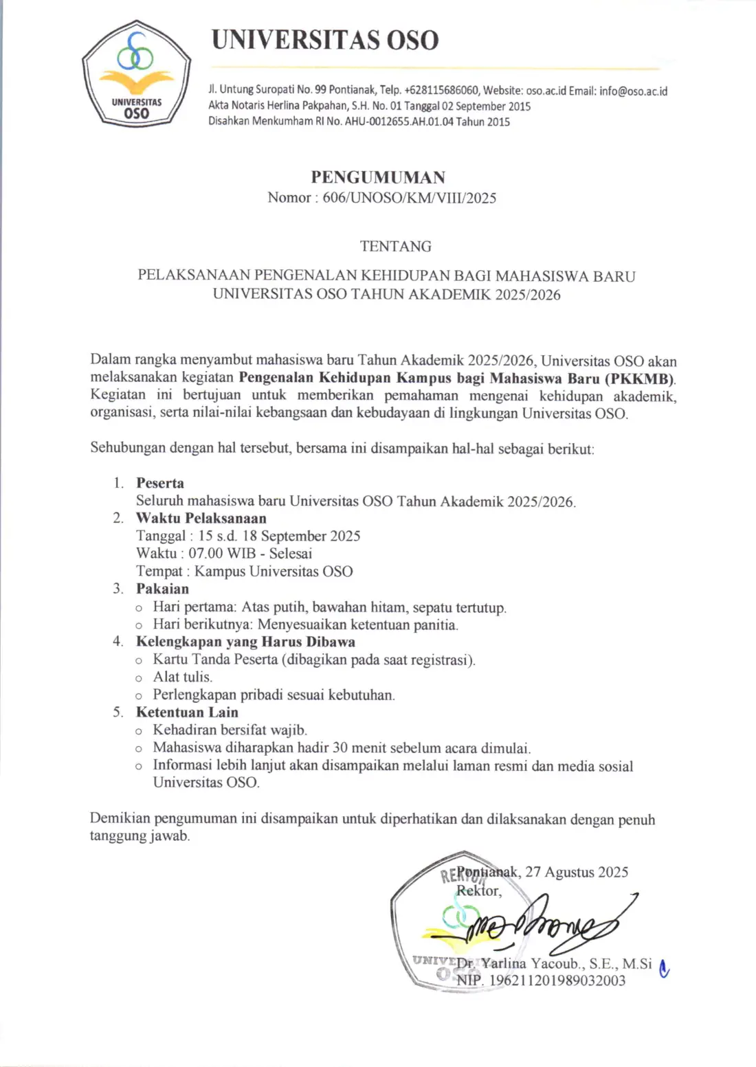 606 (UNOSO), PENGUMUMAN PPKMB UNOSO TH 2025 (1)